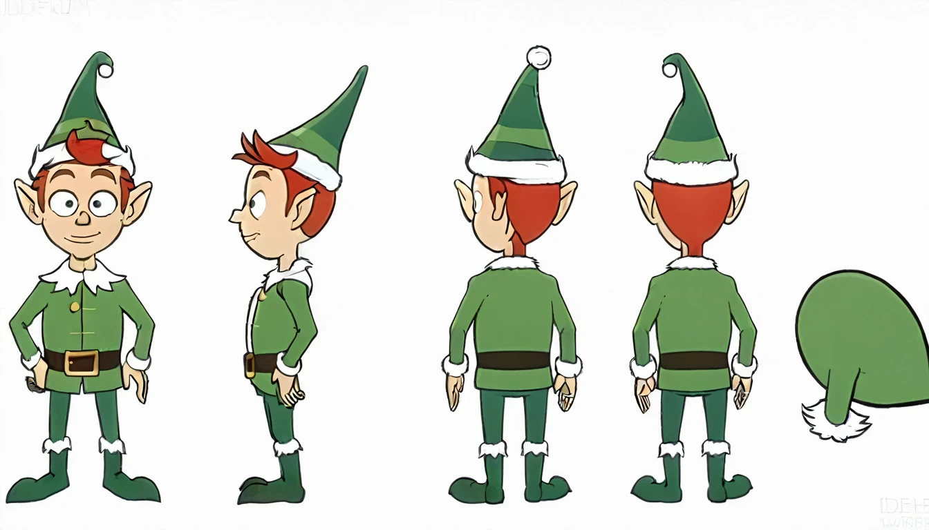 1 male Christmas elf, multiple views of the same character,model sheet,character sheet,{Front facing view,Back view,Side view,Top view},beautiful, masterpiece, best quality, perfect lighting,8k,simple white background ,SFW.