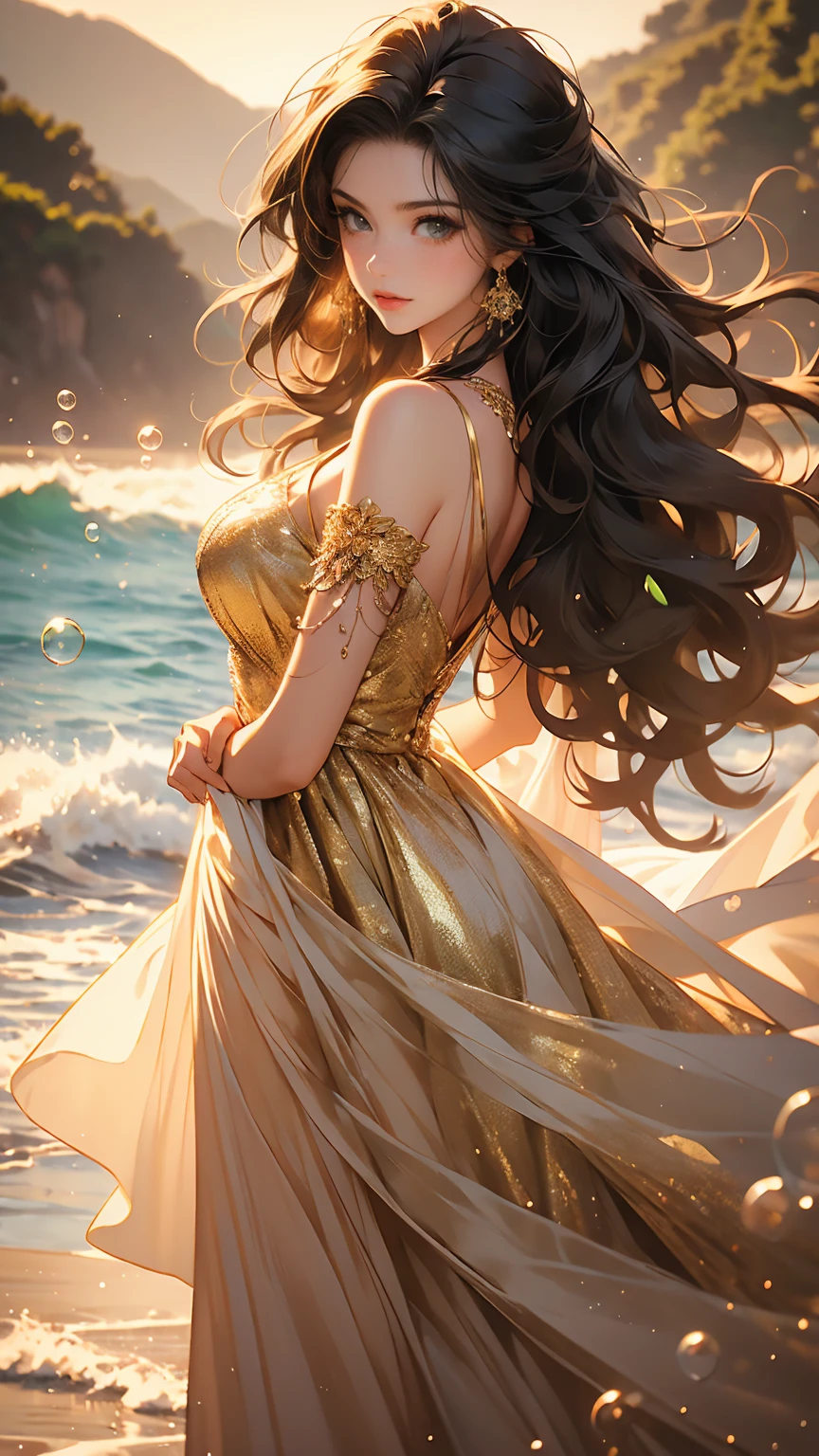 (masterpiece, Best quality, A high resolution, ultra detailed), (beautiful and aesthetically pleasing:1.2), Detailed eyes and face, whole body, 1 woman, adult, (black long wavy hair), (green eyes), female body, Beautiful body, Perfect body, whole body, Red lips, beautiful make-up, bare feet, Romantic floral dress, beach, Sea, waves, many soap bubbles of different sizes, bubbles around, golden hour, romance, catch soap bubbles