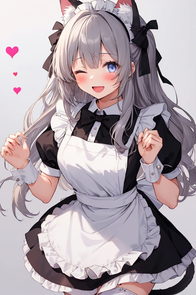 1girl, solo, long hair, breasts, looking at viewer, blush, bangs, simple background, thighhighs, white background, dress, bow, animal ears, very long hair, tail, short sleeves, grey hair, heart, frills, one eye closed, puffy sleeves, cat ears, apron, white thighhighs, two side up, puffy short sleeves, cat tail, animal ear fluff, wrist cuffs, maid, maid headdress, frilled dress, cat girl, pink dress, white apron, frilled apron, heart hands, :d, cute_style