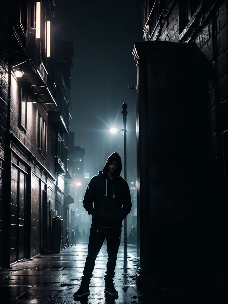 a man leaning on a pillar, head tilted down, wearing a hoodie, full body shot, night, moody atmosphere, cinematic lighting, dramatic shadows, high contrast, muted colors, gritty urban setting, grunge style, realistic details, hyper-realistic, masterpiece, high resolution, 8k