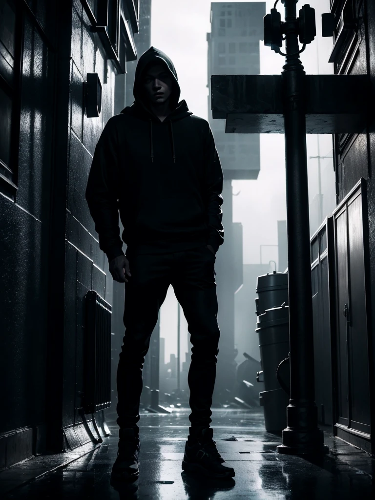 a man leaning on a pillar, head tilted down, wearing a hoodie, full body shot, night, moody atmosphere, cinematic lighting, dramatic shadows, high contrast, muted colors, gritty urban setting, grunge style, realistic details, hyper-realistic, masterpiece, high resolution, 8k