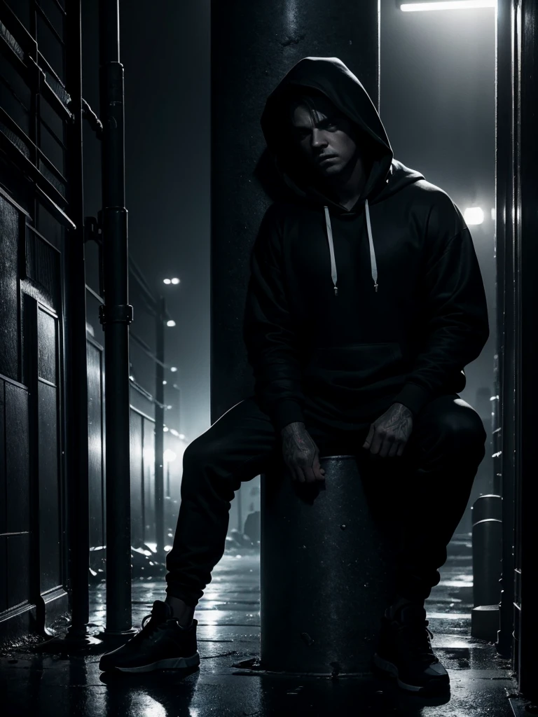 a man leaning on a pillar, head tilted down, wearing a hoodie, full body shot, night, moody atmosphere, cinematic lighting, dramatic shadows, high contrast, muted colors, gritty urban setting, grunge style, realistic details, hyper-realistic, masterpiece, high resolution, 8k