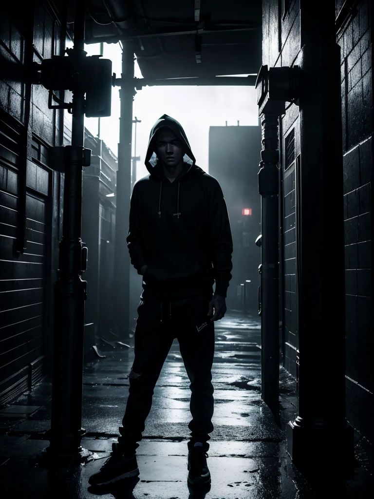 a man leaning on a pillar, head tilted down, wearing a hoodie, full body shot, night, moody atmosphere, cinematic lighting, dramatic shadows, high contrast, muted colors, gritty urban setting, grunge style, realistic details, hyper-realistic, masterpiece, high resolution, 8k