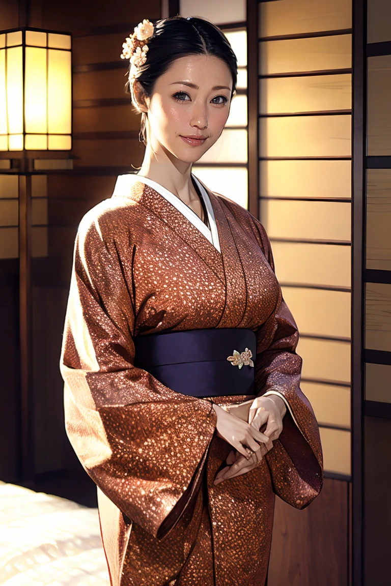 (Highest quality、Tabletop、Best image quality、Award-winning works)、 The proprietress of a beautiful inn、(A beautiful kimono with an elegant and gorgeous floral pattern:1.3)、Perfect female portrait photography、Glowing Skin、Standing Elegantly、(Blurred background of elegant Japanese-style room in luxury ryokan:1.3)、(The most elegant Japanese-style room:1.1)、(Elegant and beautiful shoji screens:1.1)、(Elegant and beautiful sliding doors:1.1)、Tatami room、(An elegant and perfect Japanese-style room:1.1)、(The most romantic and moody:1.1)、(Tyndall effect:1.2)、Great cinema lighting、Glowing Skin、smile、(Large Breasts:1.1)、(Voluptuous body:1.1)、Accentuate your body lines、Upper body photo、Chignon、smile、standing elegantly、Elegant standing posture