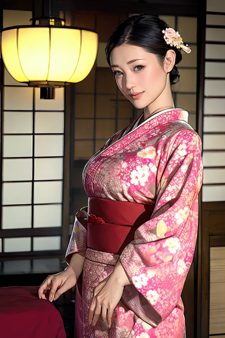 (Highest quality、Tabletop、Best image quality、Award-winning works)、 The proprietress of a beautiful inn、(A beautiful kimono with an elegant and gorgeous floral pattern:1.3)、Perfect female portrait photography、Glowing Skin、Standing Elegantly、(Blurred background of elegant Japanese-style room in luxury ryokan:1.3)、(The most elegant Japanese-style room:1.1)、(Elegant and beautiful shoji screens:1.1)、(Elegant and beautiful sliding doors:1.1)、Tatami room、(An elegant and perfect Japanese-style room:1.1)、(The most romantic and moody:1.1)、(Tyndall effect:1.2)、Great cinema lighting、Glowing Skin、smile、(Large Breasts:1.1)、(Voluptuous body:1.1)、Accentuate your body lines、Upper body photo、Chignon、smile、standing elegantly、Elegant standing posture