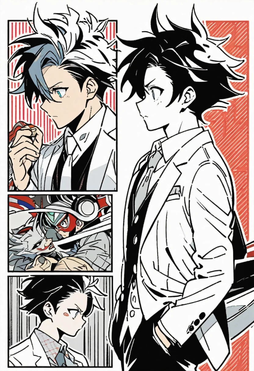 1boy, anime boy, messy hair, suit, gurren lagaan, side view, multiple drawing, clean line art, outline
