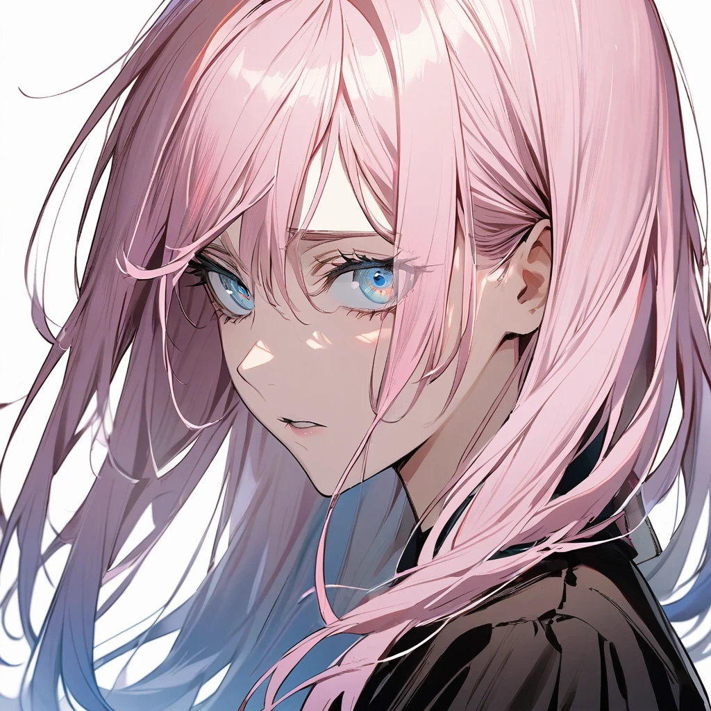 1 girl in attack on titan style, long hair, light pink hair, hair with blue tips, light blue eyes,White background, tilted face, gazing at viewer