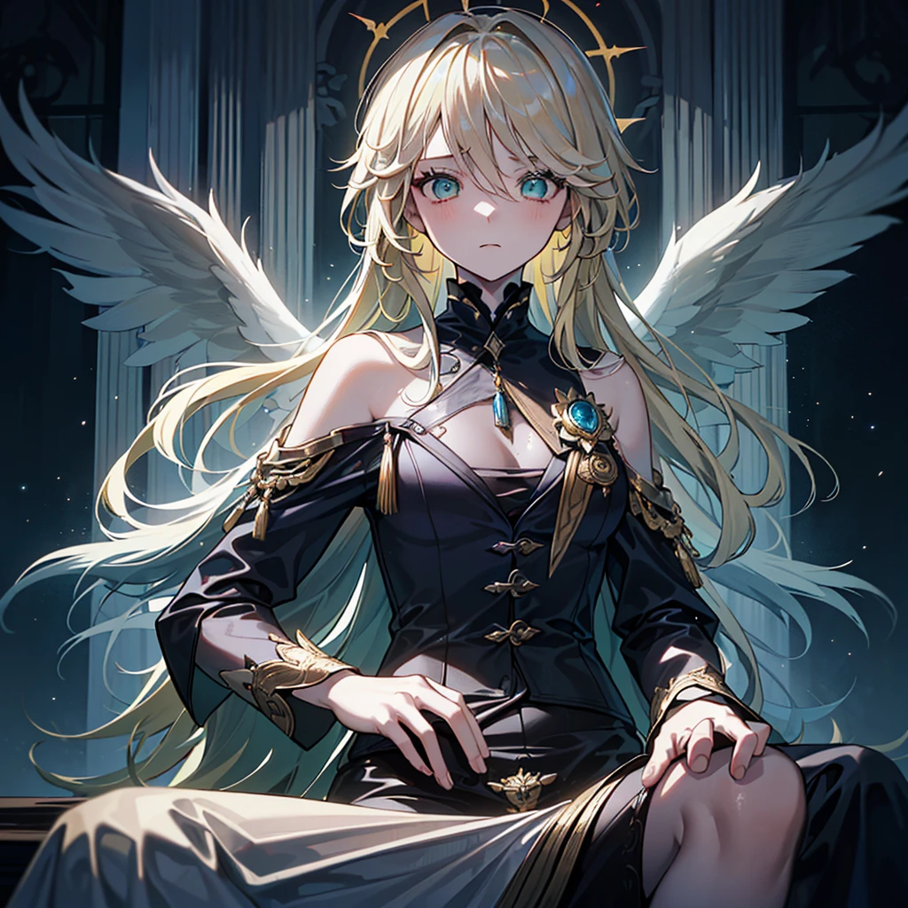 ((((Dramatic)))、(((grittiness)))、(((vehement))),Dressed in costume、He had a determined expression on his face.。Bright green eyes,Blonde hair,holy costume,((1 girl)),holy,