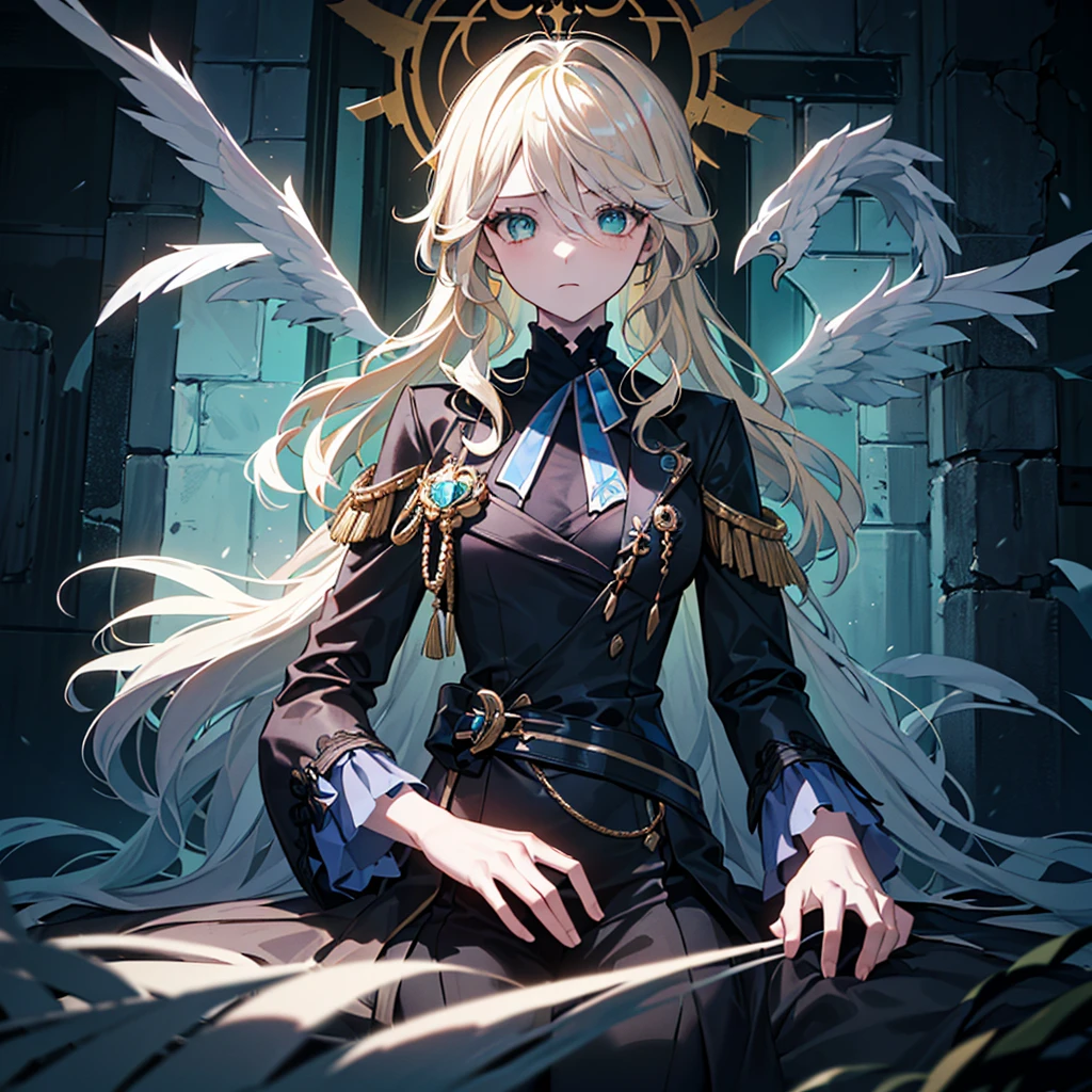 ((((Dramatic)))、(((grittiness)))、(((vehement))),Dressed in costume、He had a determined expression on his face.。Bright green eyes,Blonde hair,holy costume,((1 girl)),holy,