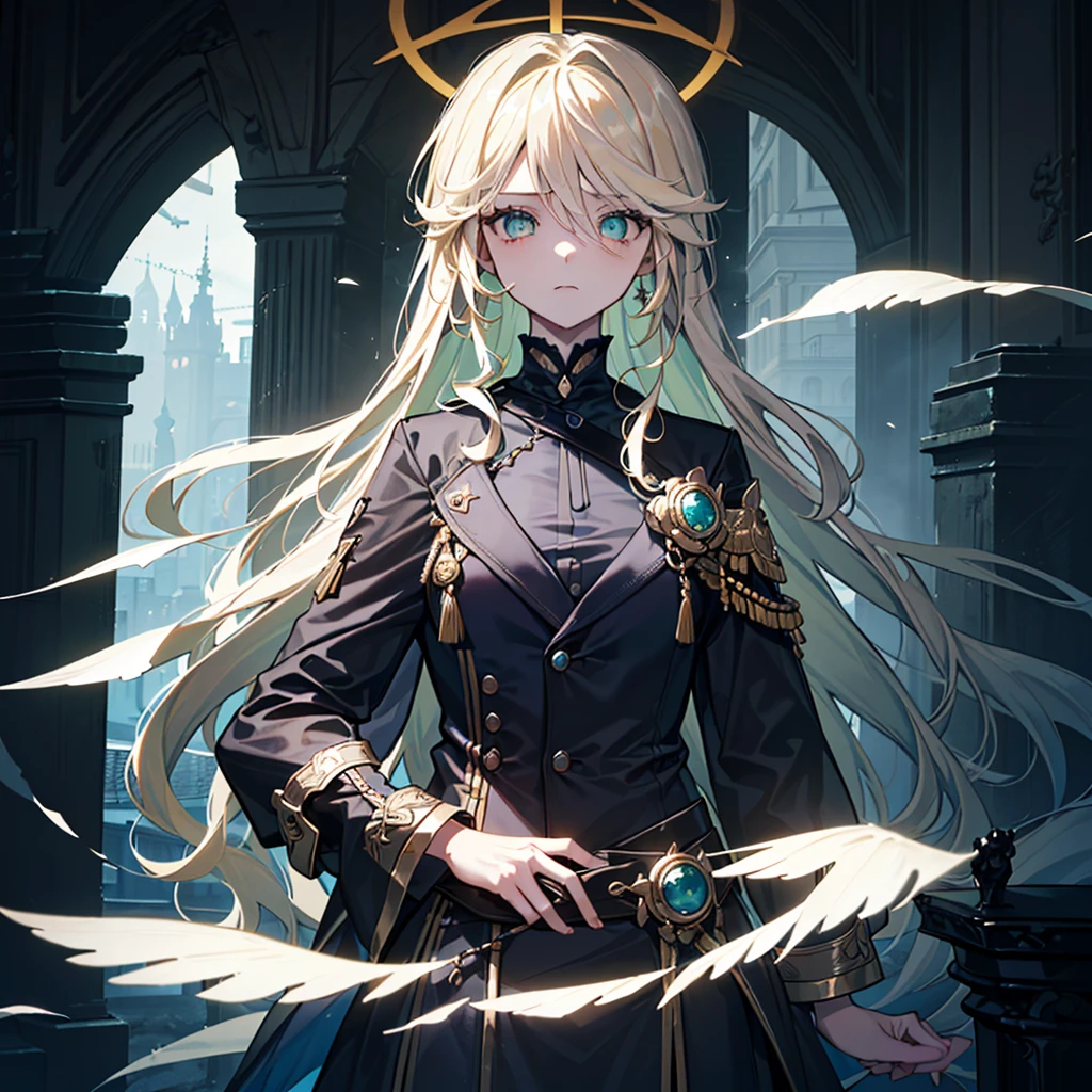 ((((Dramatic)))、(((grittiness)))、(((vehement))),Dressed in costume、He had a determined expression on his face.。Bright green eyes,Blonde hair,holy costume,((1 girl)),holy,