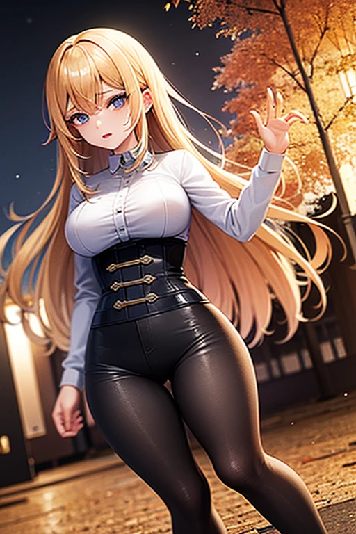 Modern anime-style digital painting of a 25-year-old female teacher in a frontal view and action pose during an autumn day, soaked by rain with dramatic lightning in the background. She is 165 cm tall, with measurements of 91-61-81 cm, and has waist-length, wavy blond hair with V bangs and bright blue eyes. Emitting a golden aura, she stands dynamically with one leg raised on a fallen log. She wears a ruffled white blouse, a black corset, skinny tight blue jeans, and high black boots, all drenched by the rain. The scene is set against rich autumn foliage and vivid lightning, enhancing the intense and mystical atmosphere.
