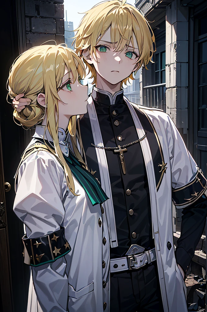 ((((Dramatic)))、(((grittiness)))、(((vehement))),Dressed in costume、He had a determined expression on his face.。Bright green eyes,Blonde hair,holy costume,((1 girl)),holy,