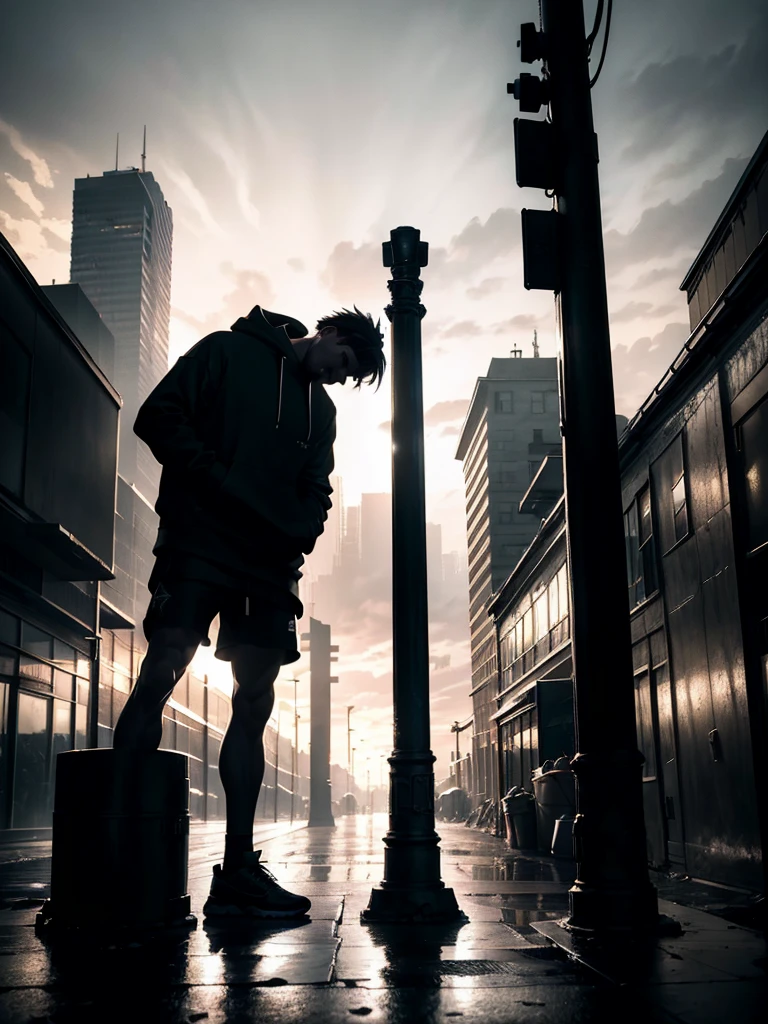 a man leaning on a pillar, head tilted down, wearing a hoodie, full body shot, night, moody atmosphere, cinematic lighting, dramatic shadows, high contrast, muted colors, gritty urban setting, grunge style, realistic details, hyper-realistic, masterpiece, high resolution, 8k