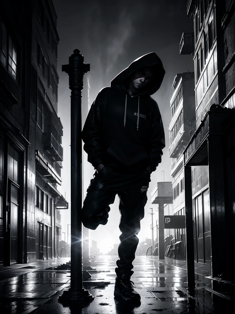 a man leaning on a pillar, head tilted down, wearing a hoodie, full body shot, night, moody atmosphere, cinematic lighting, dramatic shadows, high contrast, muted colors, gritty urban setting, grunge style, realistic details, hyper-realistic, masterpiece, high resolution, 8k