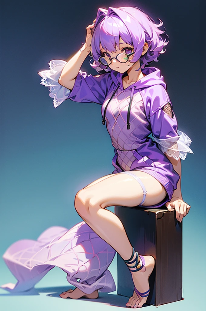 one girl, short curly light purple hair with dark purple strand, glasses, two-piece yellow lace hawaii style swimming outfit, simple detaled, lovable, no background, dynamic side sitingpose,, full body ,detaled feet,fishnet hoodie