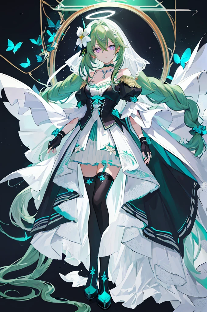 (Masterpiece, Best Quality: 1.4), white Background, Long Hair, Jewelry, Earrings, Necklace, Bride, ((green Hair)), Halo, (Overlook), Dynamic Angle, Ultra Detailed, Illustration, Close Up, Direct Look, 1girl, (Fantasy: 1.4), (Purple Eyes: 1.233), Her Eyes Shine Like Dreamy Stars, (Glow Eyes: 1.233), (Beautiful and Delicate Eyes: 1.1), (green Hair: 1.4), (Messy Hair, Very Long Hair, French braids, hair between the eyes, side hair), (+(white hair flower: 1.14)), (chiffon dress, uniform white flower pattern)/= (military uniform: 1.24), (fingerless gloves), choker, (black thighhighs), high heeled boots, (expressionless, shut up), (standing), (white flowers, blooming),(Ruins),(Night:1.2),dreamy,Soul,(fluorescent),(Flying Translucent Blue Butterfly:1.15),[Delicate Fingers and Hands:0.55]::0.85], (Finger Detail), (Yubao:0.5),((black background)),((full body)),((turquoise hair)),green hair,((green hair)),night,