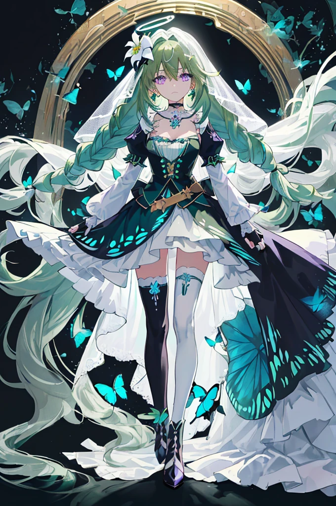 (Masterpiece, Best Quality: 1.4), white Background, Long Hair, Jewelry, Earrings, Necklace, Bride, ((green Hair)), Halo, (Overlook), Dynamic Angle, Ultra Detailed, Illustration, Close Up, Direct Look, 1girl, (Fantasy: 1.4), (Purple Eyes: 1.233), Her Eyes Shine Like Dreamy Stars, (Glow Eyes: 1.233), (Beautiful and Delicate Eyes: 1.1), (green Hair: 1.4), (Messy Hair, Very Long Hair, French braids, hair between the eyes, side hair), (+(white hair flower: 1.14)), (chiffon dress, uniform white flower pattern)/= (military uniform: 1.24), (fingerless gloves), choker, (black thighhighs), high heeled boots, (expressionless, shut up), (standing), (white flowers, blooming),(Ruins),(Night:1.2),dreamy,Soul,(fluorescent),(Flying Translucent Blue Butterfly:1.15),[Delicate Fingers and Hands:0.55]::0.85], (Finger Detail), (Yubao:0.5),((black background)),((full body)),((turquoise hair)),green hair,((green hair)),night,