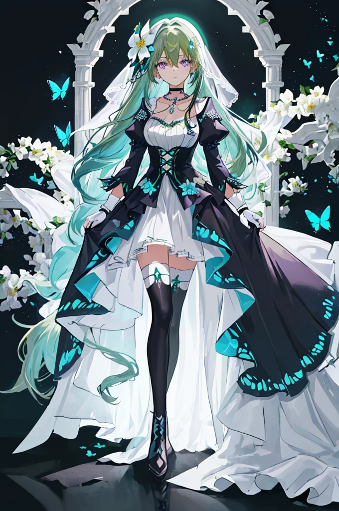 (Masterpiece, Best Quality: 1.4), white Background, Long Hair, Jewelry, Earrings, Necklace, Bride, ((green Hair)), Halo, (Overlook), Dynamic Angle, Ultra Detailed, Illustration, Close Up, Direct Look, 1girl, (Fantasy: 1.4), (Purple Eyes: 1.233), Her Eyes Shine Like Dreamy Stars, (Glow Eyes: 1.233), (Beautiful and Delicate Eyes: 1.1), (green Hair: 1.4), (Messy Hair, Very Long Hair, French braids, hair between the eyes, side hair), (+(white hair flower: 1.14)), (chiffon dress, uniform white flower pattern)/= (military uniform: 1.24), (fingerless gloves), choker, (black thighhighs), high heeled boots, (expressionless, shut up), (standing), (white flowers, blooming),(Ruins),(Night:1.2),dreamy,Soul,(fluorescent),(Flying Translucent Blue Butterfly:1.15),[Delicate Fingers and Hands:0.55]::0.85], (Finger Detail), (Yubao:0.5),((black background)),((full body)),((turquoise hair)),green hair,((green hair)),night,