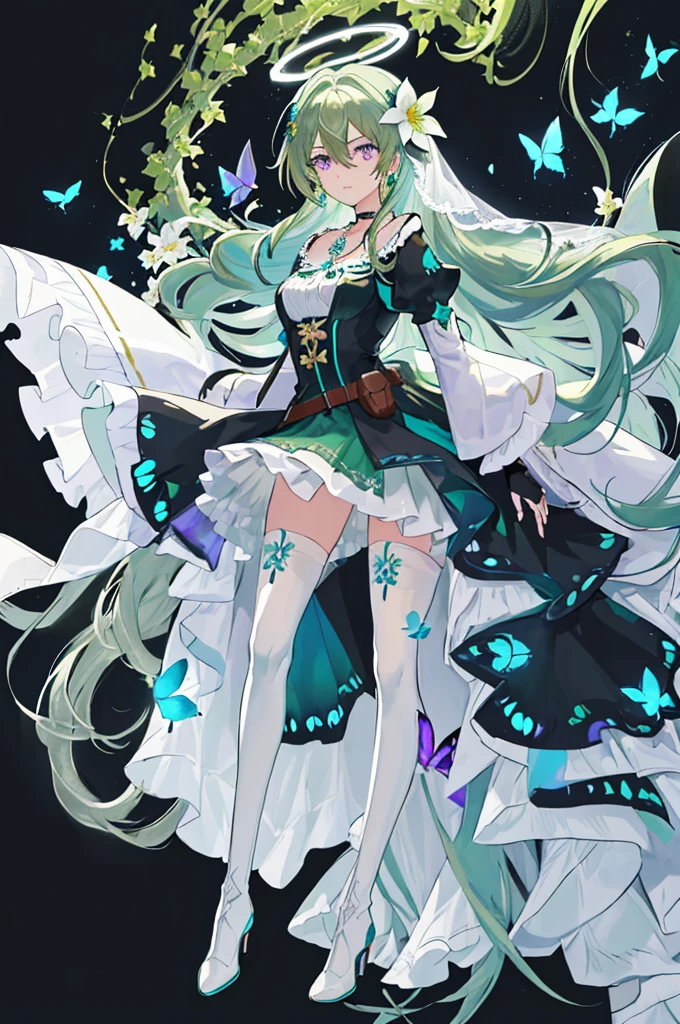 (Masterpiece, Best Quality: 1.4), white Background, Long Hair, Jewelry, Earrings, Necklace, Bride, ((green Hair)), Halo, (Overlook), Dynamic Angle, Ultra Detailed, Illustration, Close Up, Direct Look, 1girl, (Fantasy: 1.4), (Purple Eyes: 1.233), Her Eyes Shine Like Dreamy Stars, (Glow Eyes: 1.233), (Beautiful and Delicate Eyes: 1.1), (green Hair: 1.4), (Messy Hair, Very Long Hair, French braids, hair between the eyes, side hair), (+(white hair flower: 1.14)), (chiffon dress, uniform white flower pattern)/= (military uniform: 1.24), (fingerless gloves), choker, (black thighhighs), high heeled boots, (expressionless, shut up), (standing), (white flowers, blooming),(Ruins),(Night:1.2),dreamy,Soul,(fluorescent),(Flying Translucent Blue Butterfly:1.15),[Delicate Fingers and Hands:0.55]::0.85], (Finger Detail), (Yubao:0.5),((black background)),((full body)),((turquoise hair)),green hair,((green hair)),night,