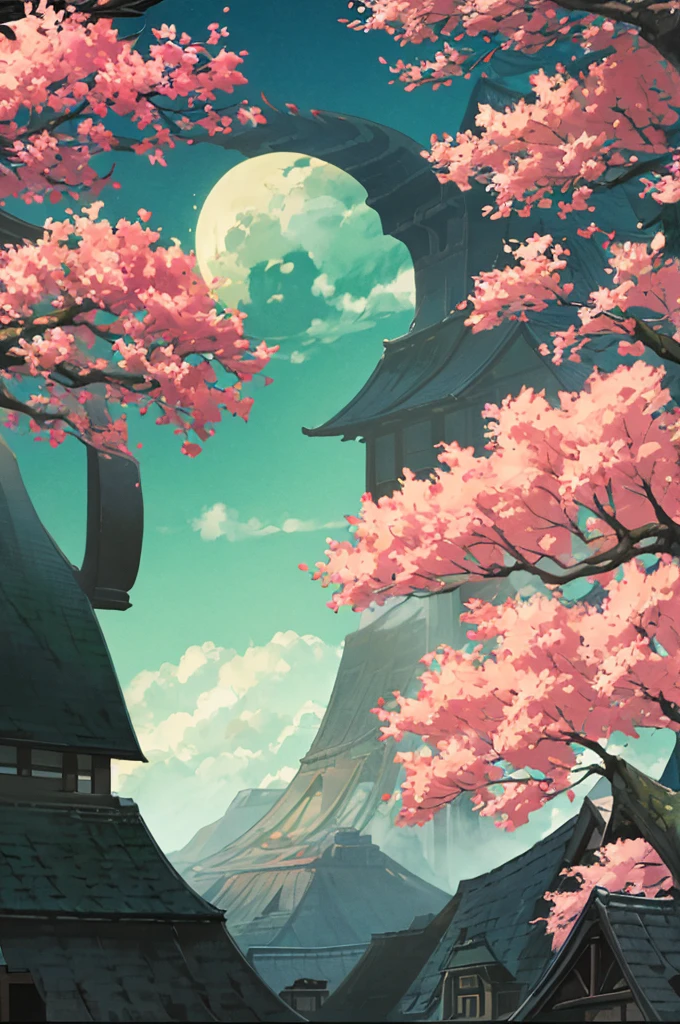 full moon, beautiful forest, white colors, grises, negro, pastel colours, chinese atmosphere, beautiful landscape, flowers and tree branches