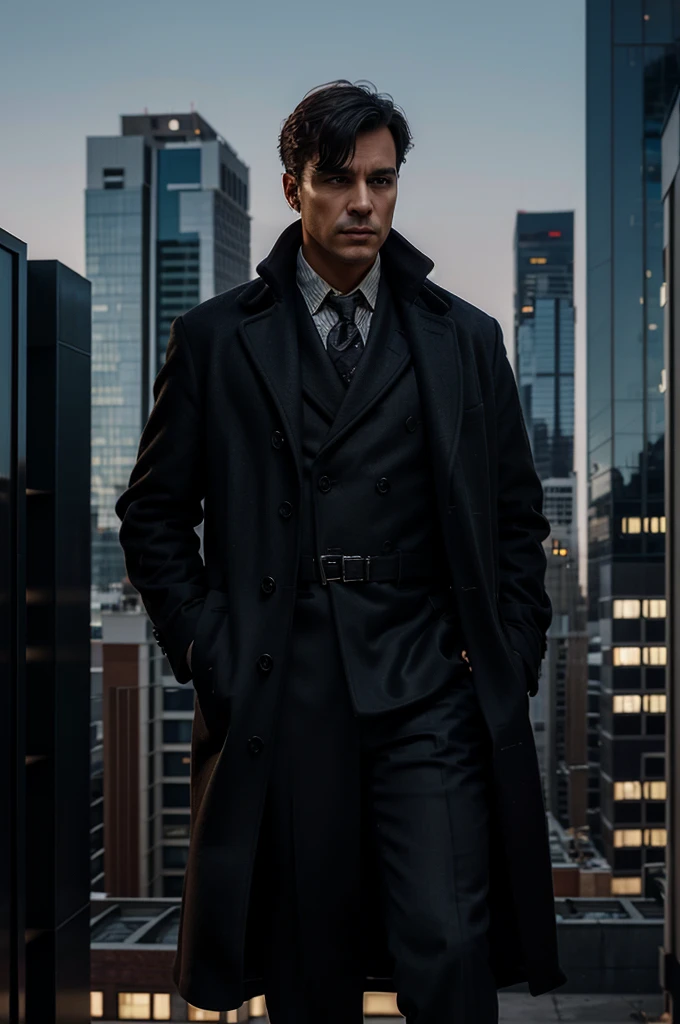 Illustration of a male detective wearing a long coat, surrounded by high-rise buildings