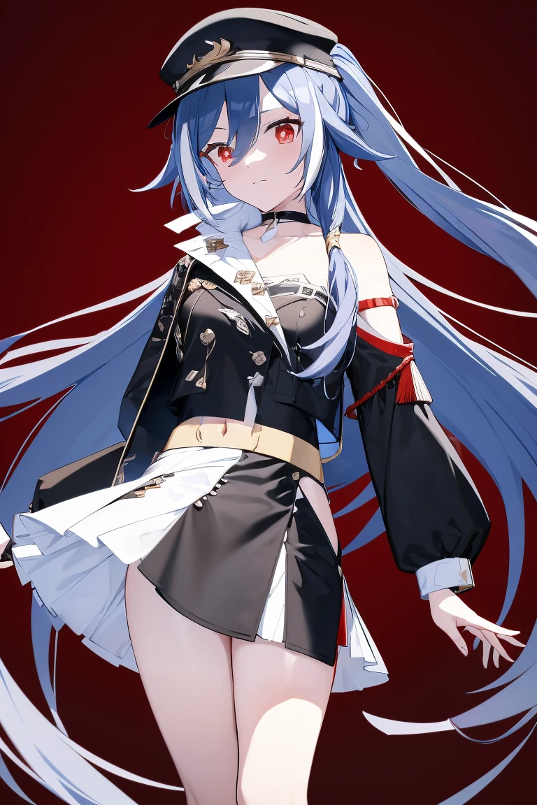 Senti_Music, long hair, black hair, red eyes, hair between eyes, black skirt, frilled skirt, single thighhigh, white thighhighs, heel boots, ponytail, long sleeves, short skirt, peaked cap, hat, cropped jacket, black jacket, navel, bare shoulders, white shirt, cleavage,
