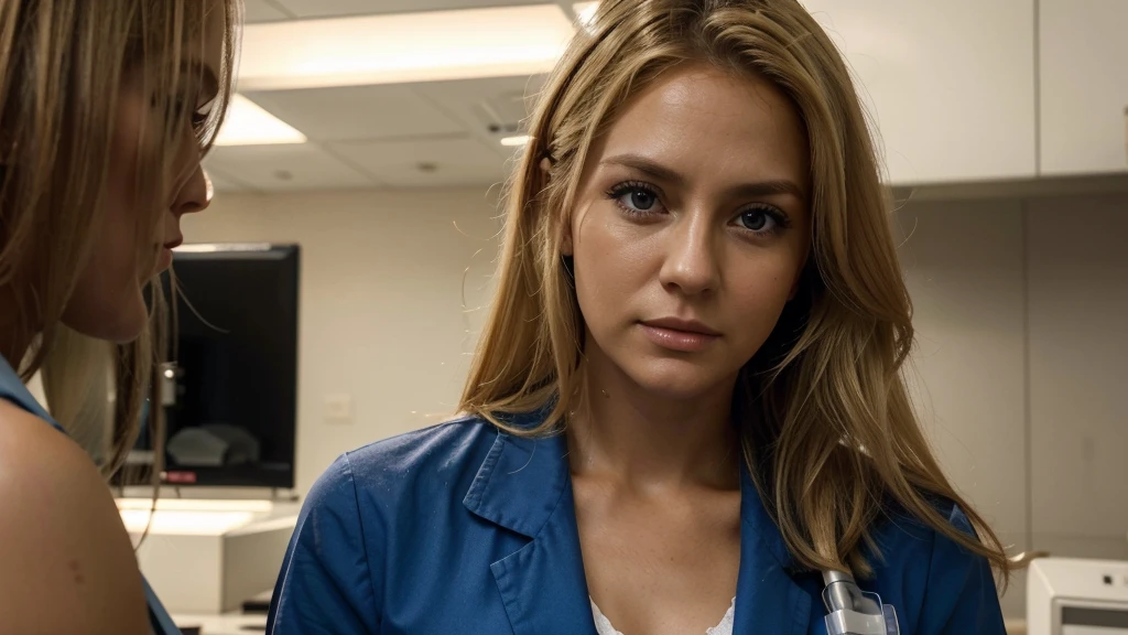 /Nurse, a beautiful woman, blonde hair, medium hair, brown eyes, 35 years old, serious expression, correct professional, she is wearing a nurse's uniform, her environment is the hospital. Real image, High definition image, HD image, quality image.
