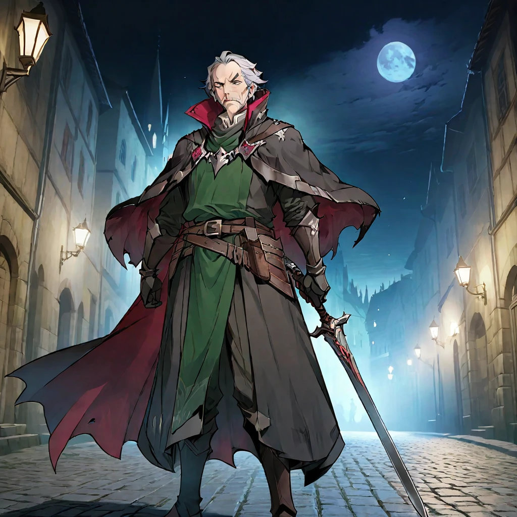 A mature and stable middle-aged man，His profession is a demon hunter.，Wearing a cape，Holding a sword，There are some scars on the face，Walking in the streets of medieval Europe，Night view。Mid-ground composition，Full body pictures，Colored screen，Anime illustration style，HD，4K。