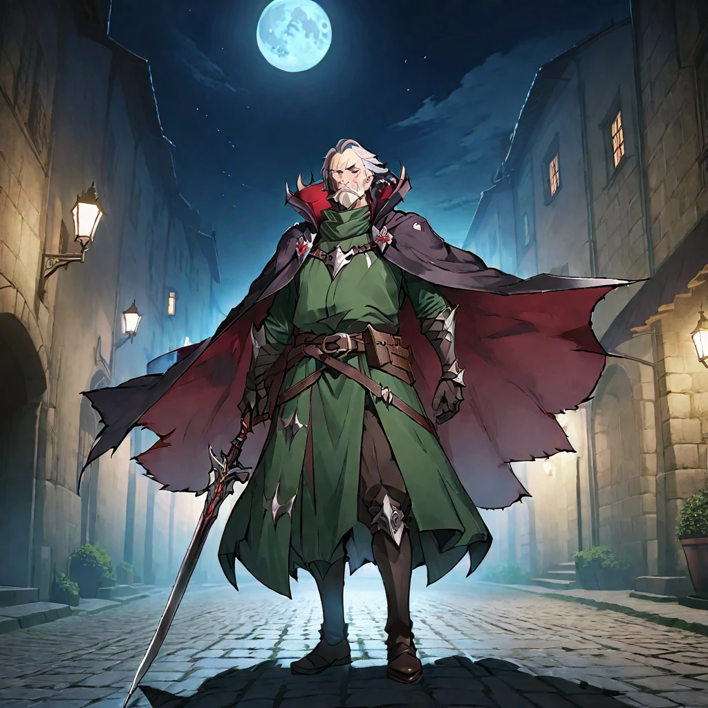 A mature and stable middle-aged man,His profession is a demon hunter.,Wearing a cape,Holding a sword,There are some scars on the face,Walking in the streets of medieval Europe,Night view。Mid-ground composition,Full body pictures,Colored screen,Anime illustration style,HD,4K。