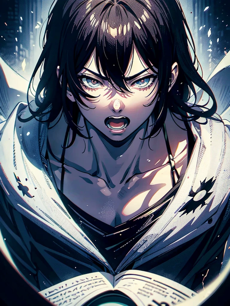 anime guy with his face in print DESPERATE AND SCREAMING SCARY, kentaro miura manga art style, stunning manga art style, black and white manga style, kentaro miura manga style, Manga style by Kentaro Miura, baki style, , , shigenori soejima illustration, manga digital art