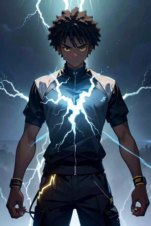 [work of art], [ultra detaild], [best qualityer], young man with dark skin strikes an imposing pose with powers of lightning and thunder that surround his body, short afro hair, serene gaze, 2000s modern casual clothing, (bright look), (rays volumetric yellow light), conjures lightning and thunder with volumetric light, conjures thunder in hands, conjures thunder on your fingers, rays expel into the body, rays in the eyes, lightning and thunder in the hair, black and yellow clothes, [spokes in front], bright illuminated look, fun and calm personality.
