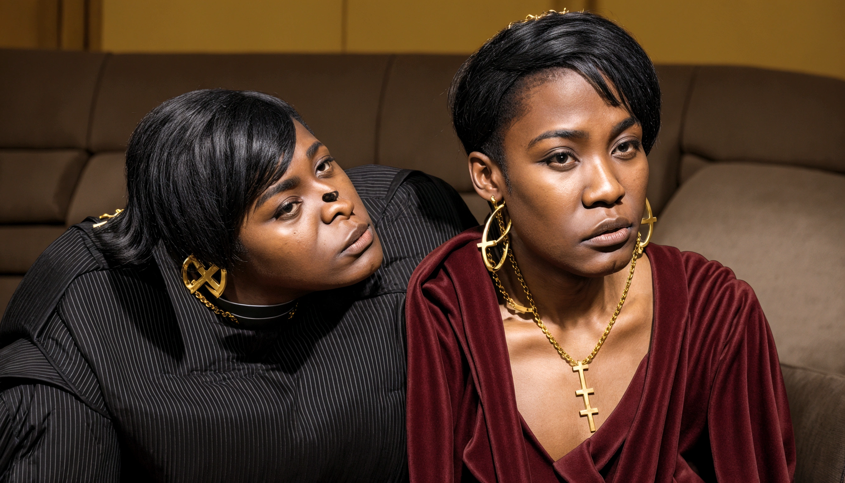 (( young black male pastor wearing a large cross pendant, clergy collar, and robes)), in his ((living room:1.4)) accompanied by a ((50 year old busty and slutty black church mother:1.3))