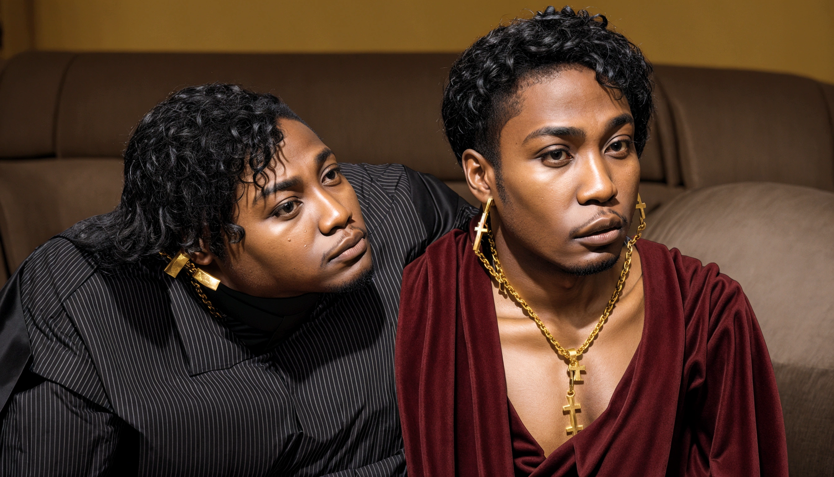 (( young black male pastor wearing a large cross pendant, clergy collar, and robes)), in his ((living room:1.4)) accompanied by a ((50 year old busty and slutty black church mother:1.3))