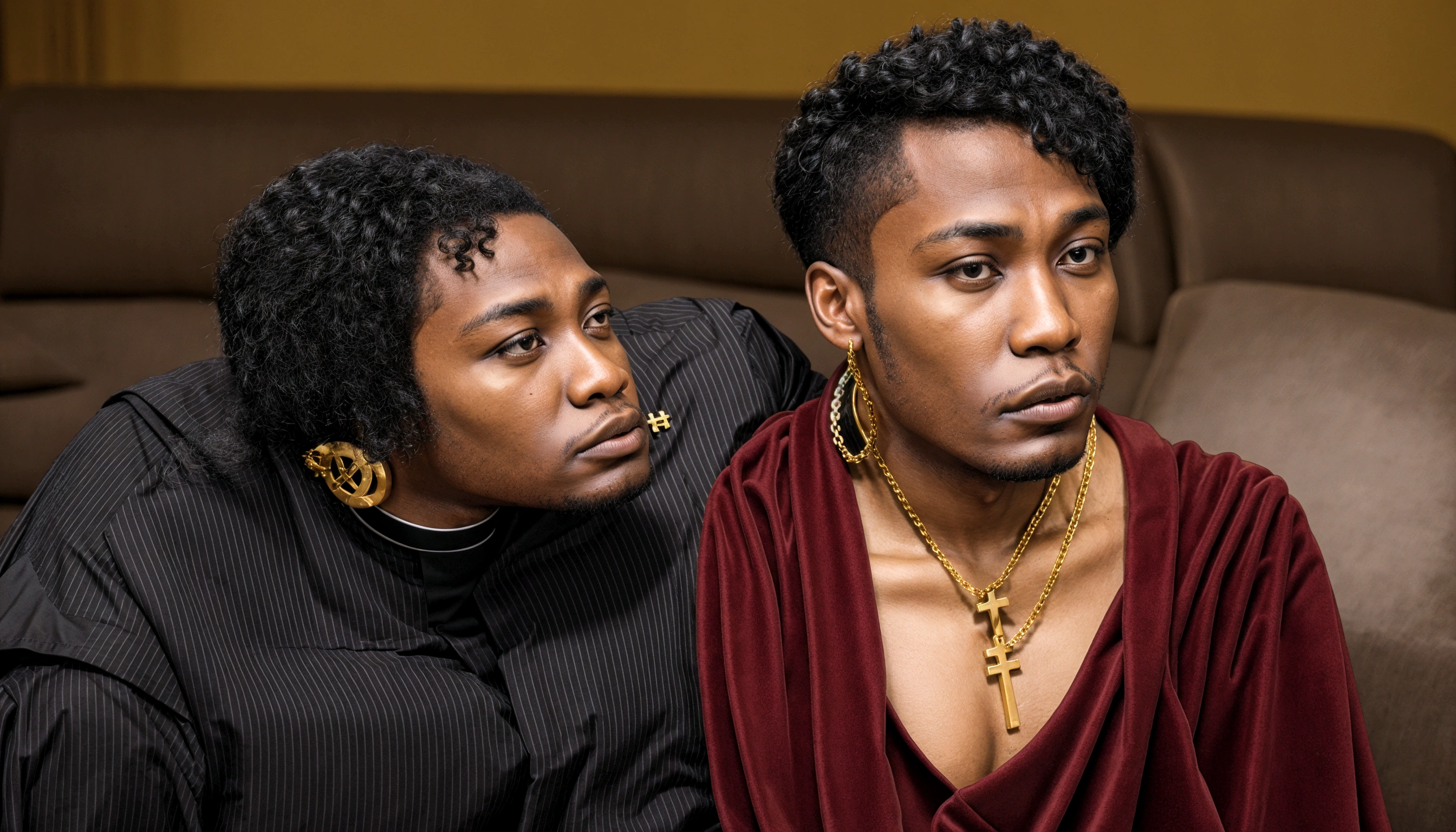 (( young black male pastor wearing a large cross pendant, clergy collar, and robes)), in his ((living room:1.4)) accompanied by a ((50 year old busty and slutty black church mother:1.3))
