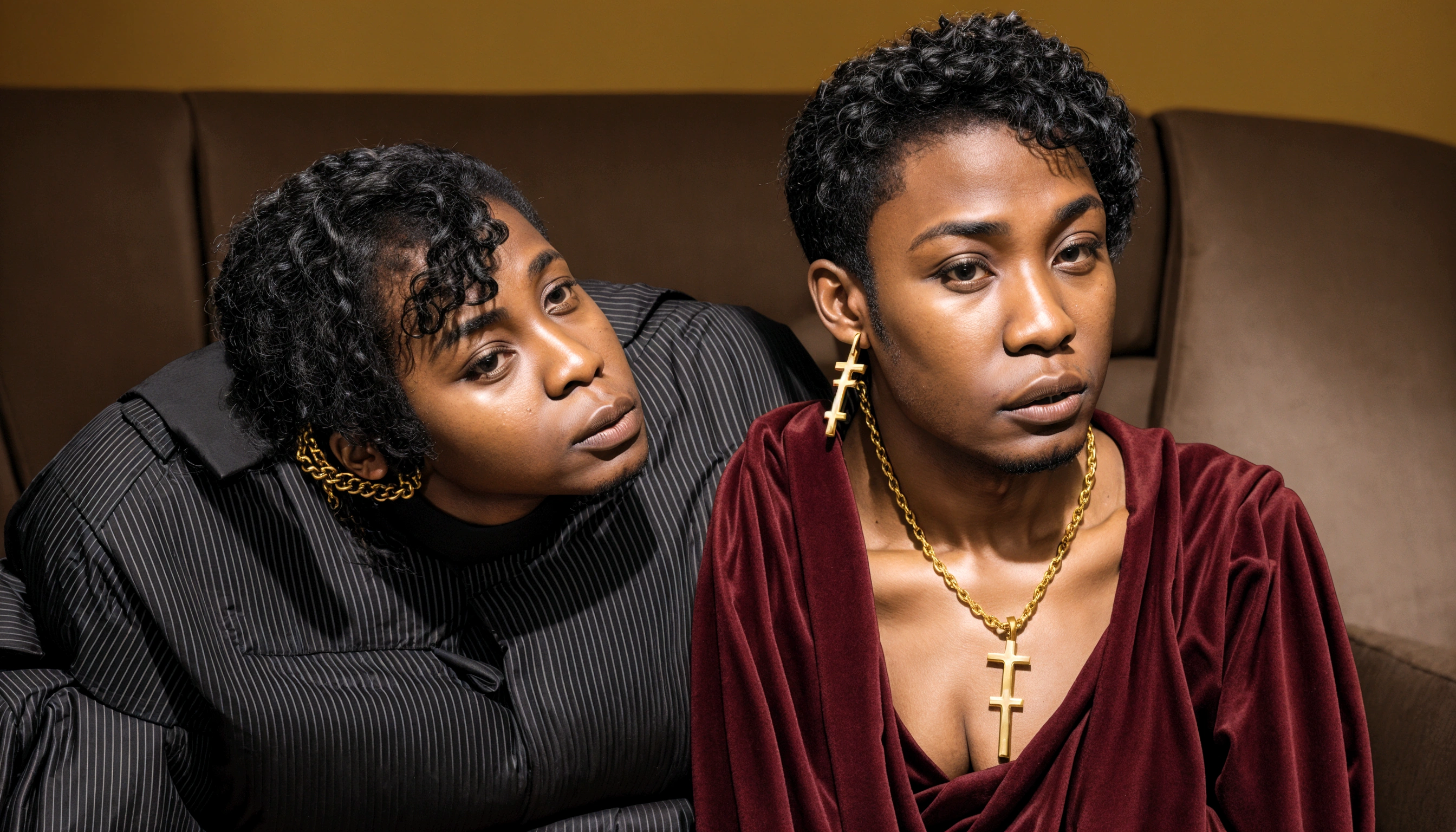 (( young black male pastor wearing a large cross pendant, clergy collar, and robes)), in his ((living room:1.4)) accompanied by a ((50 year old busty and slutty black church mother:1.3))