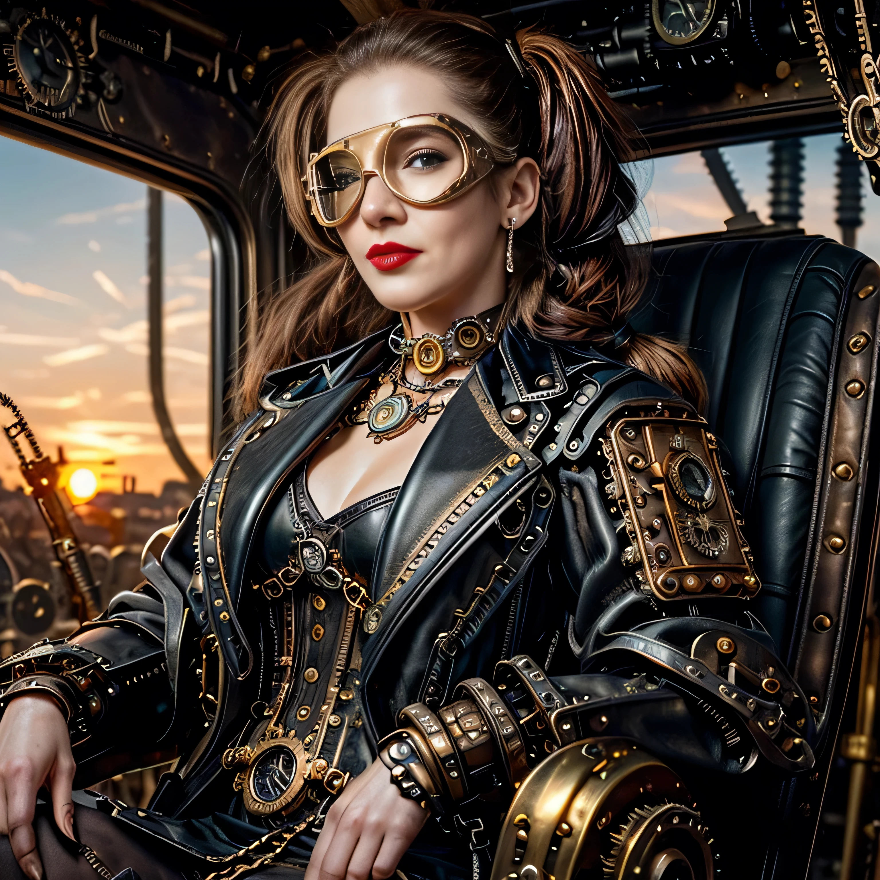 ((masterpiece, photorealistic:1.4, extremely intricate:1.3, photon mapping, radiosity, physically based rendering, ultra resolution, hyper-realistic, photorealistic:1.4, hyper-realistic, 8K)), ((((athletic female midbody, long pigtails windy [blonde hair:bright ginger hair:0.4], (([flat chest:medium breasts:0.8])), ((makeup:1.2, perfectchainmail, gold steampunk, black jacket), red lips, bright sunlight, sunset, silk shirt)), sexy goggles))), outdoors, metal reflections, (futuristic apocalyptic city destroyed), professional photograph, soft focus, dramatic, award winning, cinematic lighting, volumetrics dtx, (film grain, blurry background, blurry foreground, bokeh, depth of field), BREAK; BREAK, (((((background steampunk machine cockpit, sitting in a black leather chair, dials, switches)))))