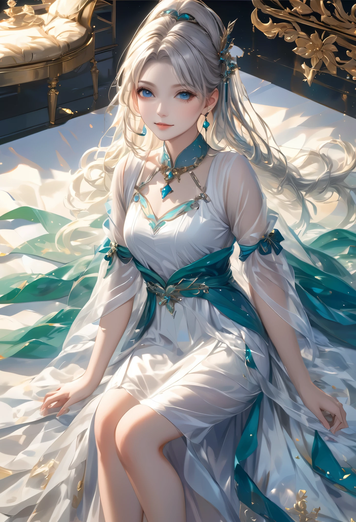 ((最high quality)), ((masterpiece)), (Detailed face and eyes:1.2), Perfect Face,anime character、masterpiece, Great painting, figure,8K, Super detailed, high quality, A woman with a goddess-like smile,euphilia, One Girl,長いブロンドの髪とDarkturquoise eyesをしたWhite Dressを着たアニメの女の子 ブルゴーニュ, Platinum Earrings, Platinum Necklace, White Dress, One girl, cute, (Dynamic Light: 1.2), Cinematic Light, Delicate facial features, Fine grain, Sharp pupils、On the bed、Lying down