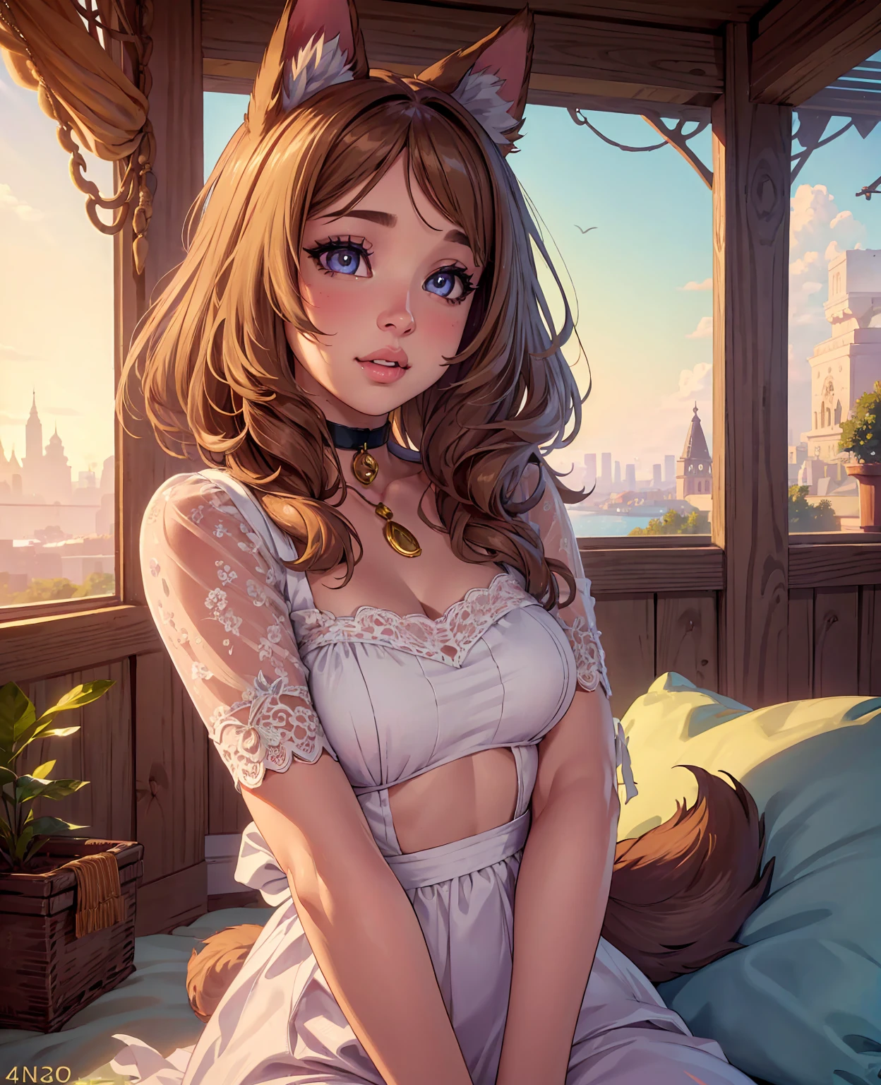 beautiful detailed eyes, beautiful detailed lips, extremely detailed eyes and face, long eyelashes, 1girl, cute dog girl, pokimane, , dog ears, dog tail, colorful dog collar, petting, soft fur, dog paws, playful, whimsical, fantasy, (best quality,4k,8k,highres,masterpiece:1.2),ultra-detailed,(realistic,photorealistic,photo-realistic:1.37),vibrant colors, soft lighting, magical realism, dreamlike