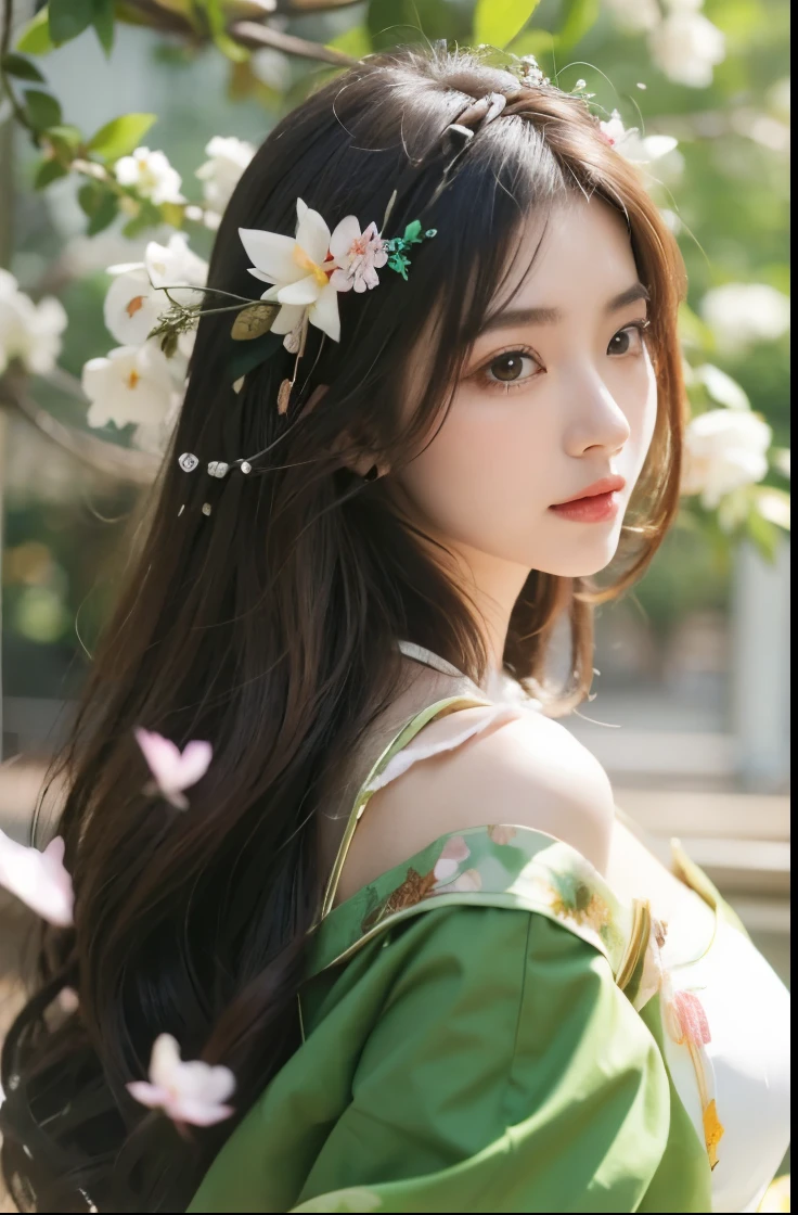 Beautiful Japanese Waifu, brunette hair, traditional chinese dress, emerald flowery hair decoration, 