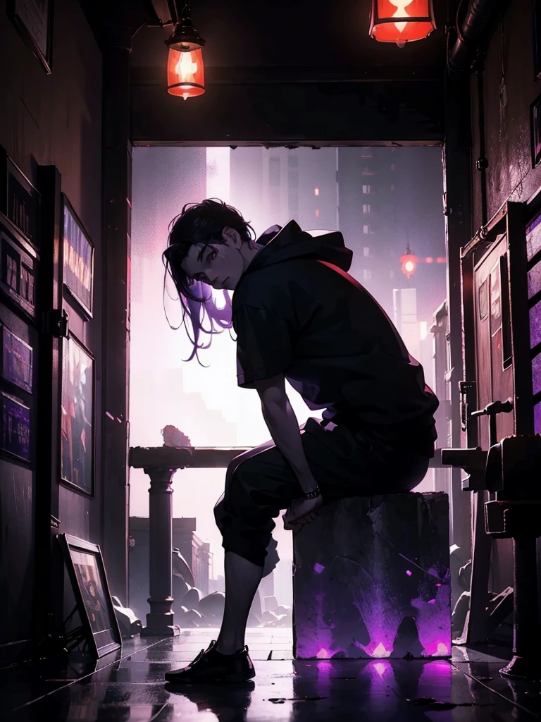 a man leaning on a pillar, head tilted down, wearing a hoodie, purple and red light, night, moody atmosphere, cinematic lighting, dramatic shadows, high contrast, muted colors, gritty urban setting, grunge style, realistic details, hyper-realistic, masterpiece, high resolution, 8k