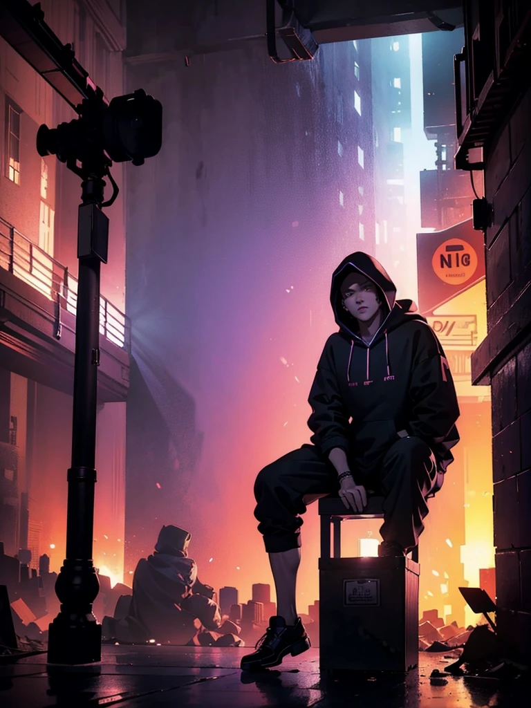 a man leaning on a pillar, head tilted down, wearing a hoodie, purple and red light, night, moody atmosphere, cinematic lighting, dramatic shadows, high contrast, muted colors, gritty urban setting, grunge style, realistic details, hyper-realistic, masterpiece, high resolution, 8k