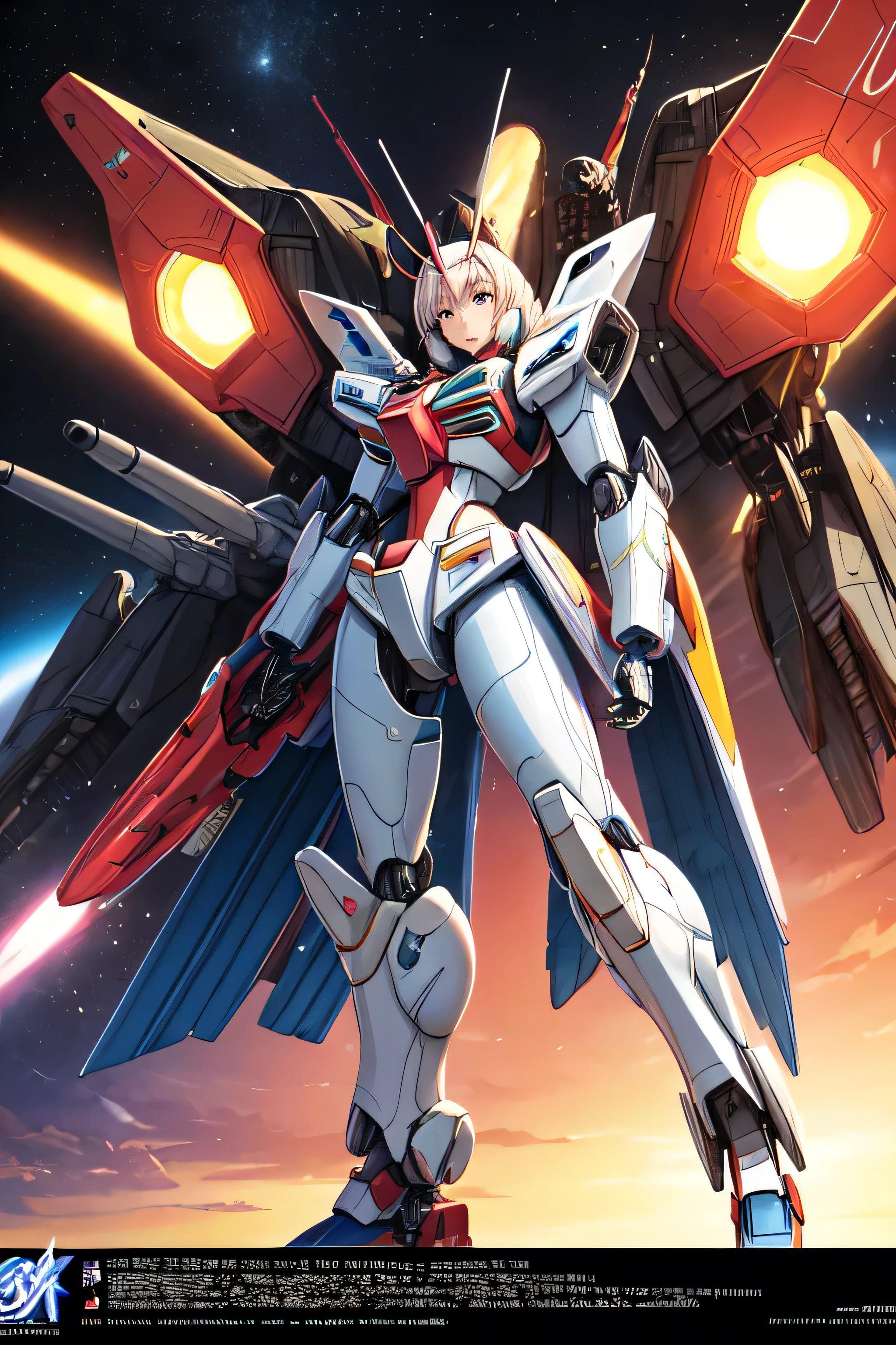 anime character standing in front of a fighter plane in the sky, modern mecha anime, macross franchise, mecha anime, disturbance mechanism, modern sci fi anime, macross, mobile suit, feminine wick, arte zoids, girl with mecha cybernetic armor, Official character art, portrait anime girl space cadet, Official Art