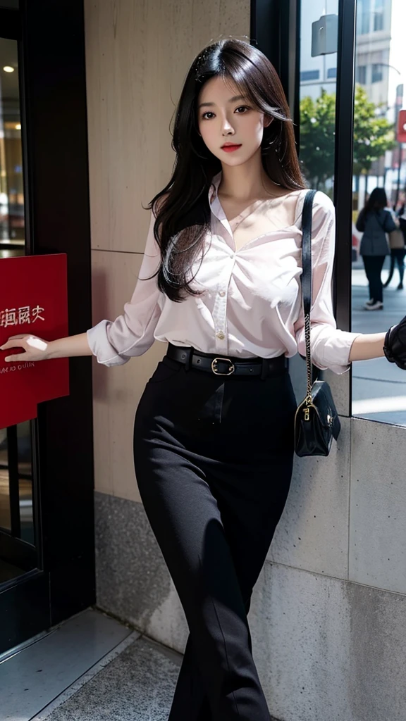 one girl,Beutiful women, 大きい胸,In the city,During the day,Office casual clothes,Long Hair,Black hair color