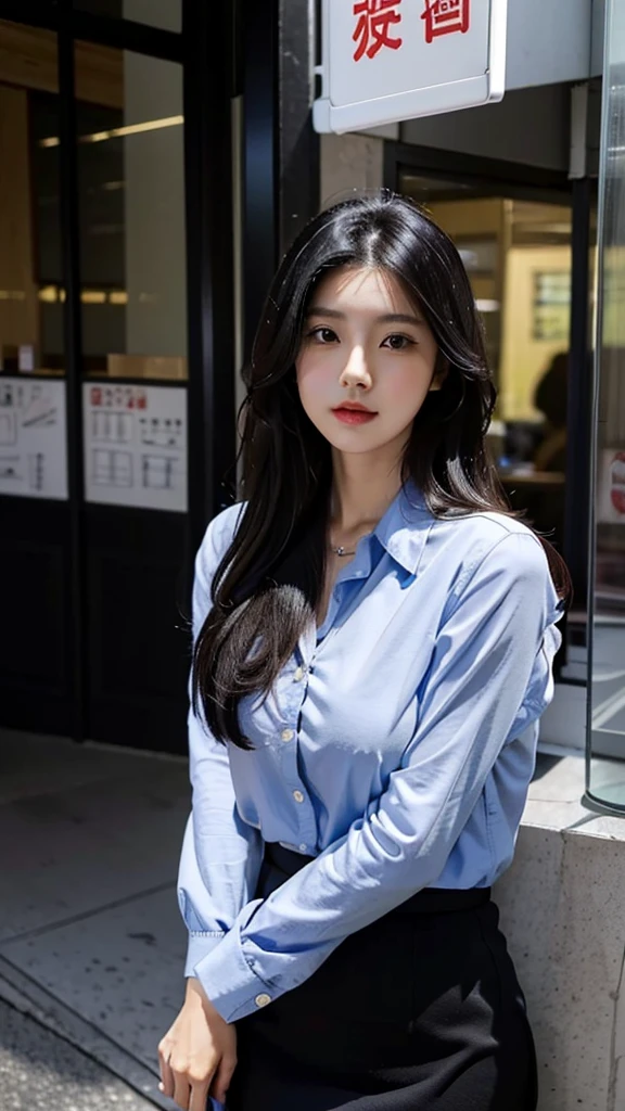 one girl,Beutiful women, 大きい胸,In the city,During the day,Office casual clothes,Long Hair,Black hair color