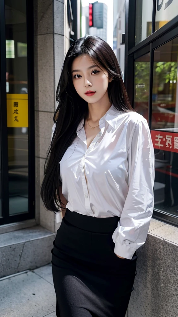 one girl,Beutiful women, 大きい胸,In the city,During the day,Office casual clothes,Long Hair,Black hair color