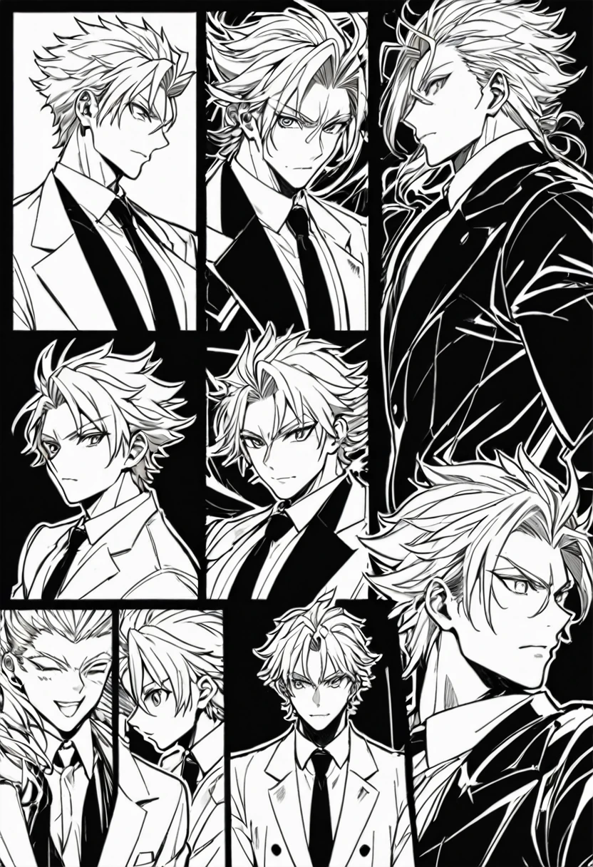1manb anime man, messy hair, suit, gurren lagaan, side view, multiple drawing, clean line art, outline, detailed, high quality, monchrome