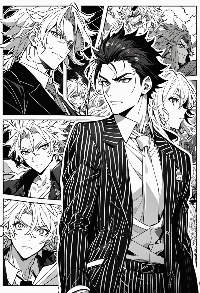 1manb anime man, messy hair, suit, gurren lagaan, side view, multiple drawing, clean line art, outline, detailed, high quality, monchrome
