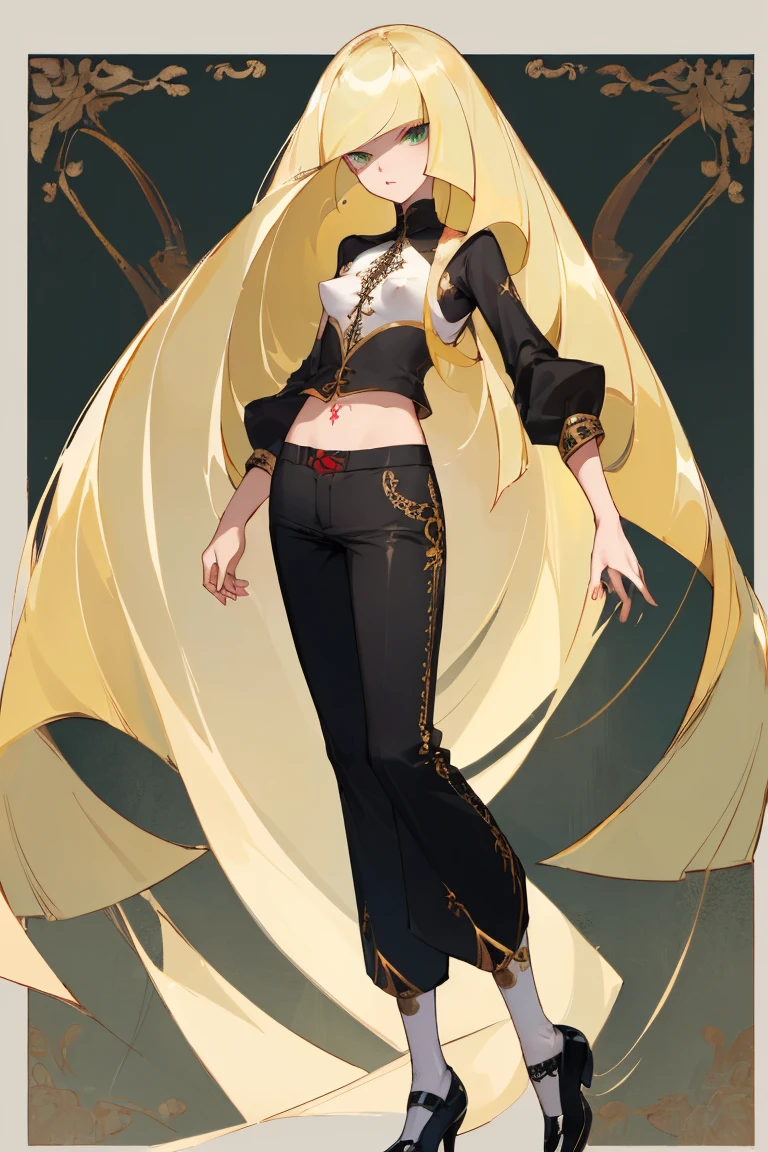 ((Highest quality)), ((masterpiece)), (Familiar), Lusamine,Tattoo,thin,Long blonde hair,Small breasts,Small breasts,Erect nipples,Adult female,Green Eyes,Slanted Eyes,White and black shirt,No sleeve,Gold embroidery,Black shoes,Fascinating,Red pants