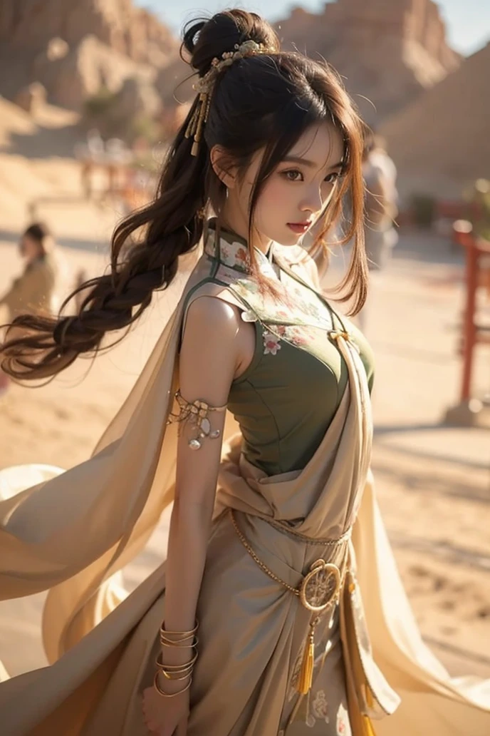 Beautiful Japanese Waifu, brunette hair, traditional chinese dress, in a desert