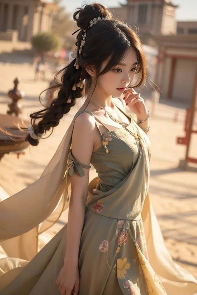 Beautiful Japanese Waifu, brunette hair, traditional chinese dress, in a desert